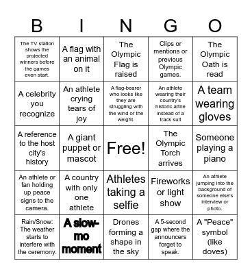 Olympics Opening Ceremony Bingo Card