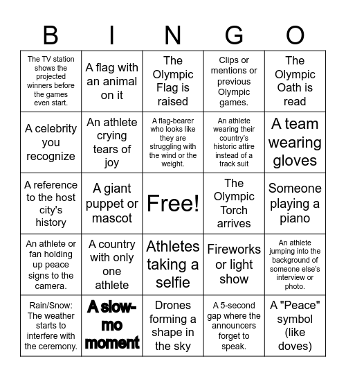 Olympics Opening Ceremony Bingo Card
