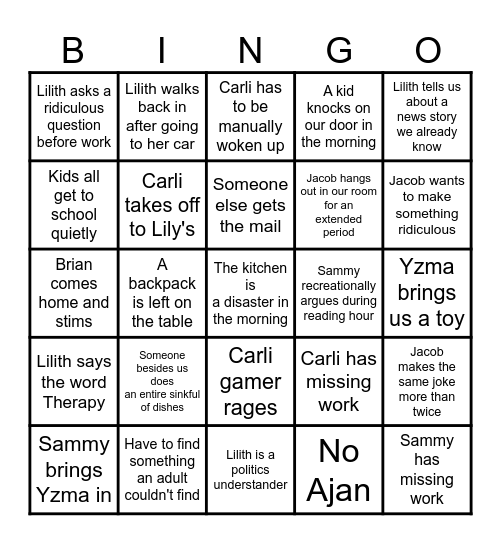 Weekday Bingo Card