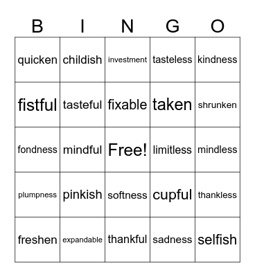 Suffixes Bingo Card