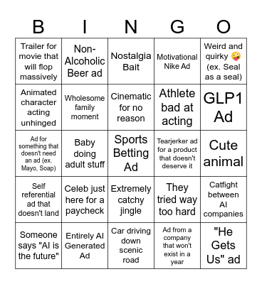 Super Bowl Ads Bingo Card