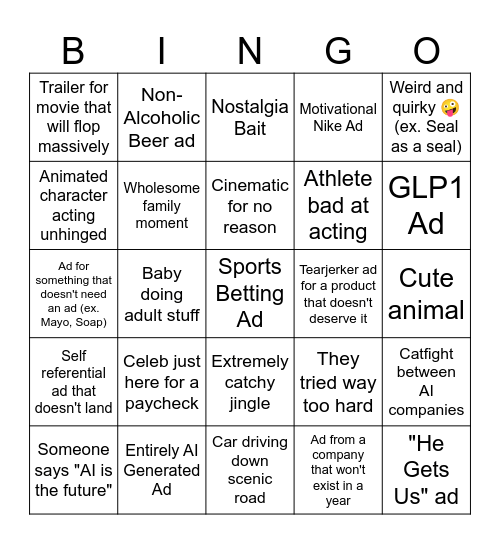 Super Bowl Ads Bingo Card