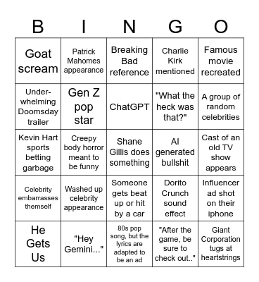 Super Bowl Commercial Bingo Card