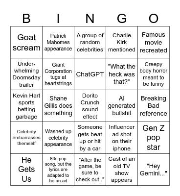 Super Bowl Commercial Bingo Card