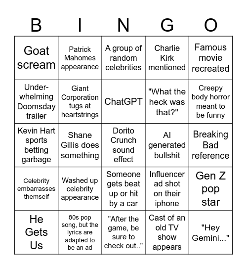 Super Bowl Commercial Bingo Card