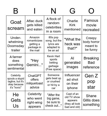 Super Bowl Commercial Bingo Card