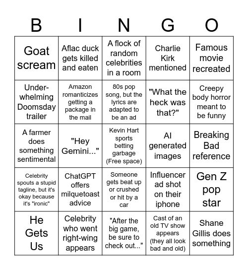 Super Bowl Commercial Bingo Card