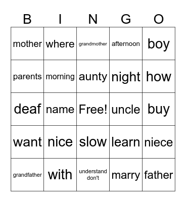 ASL Word Bingo Card