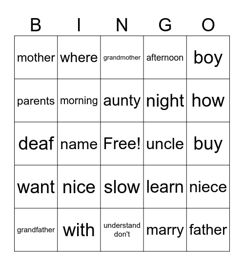 ASL Word Bingo Card