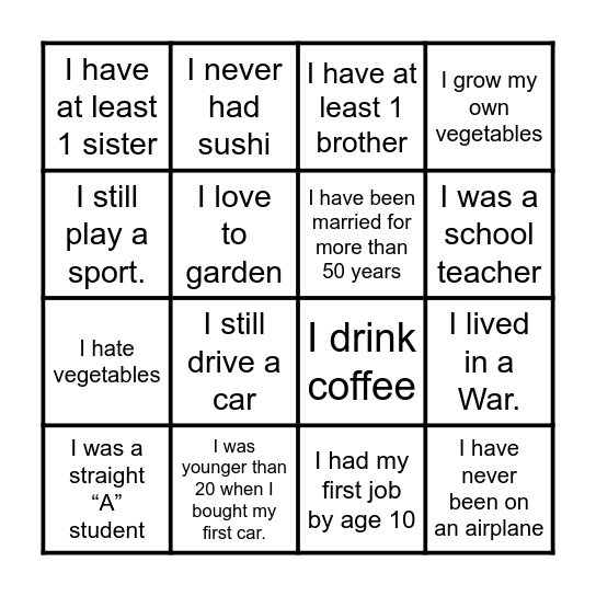 Grandparents Bingo Card