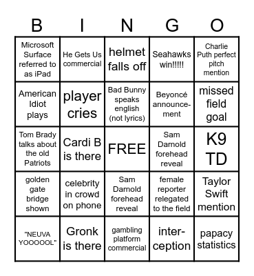 SUPER SEAHAWKS BINGO BOWL Bingo Card