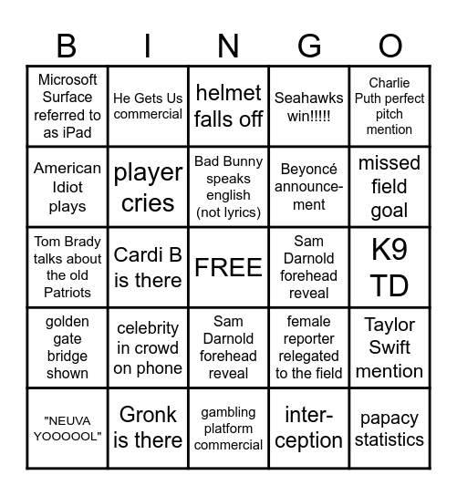 SUPER SEAHAWKS BINGO BOWL Bingo Card