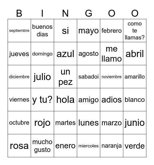 Spanish Bingo Card