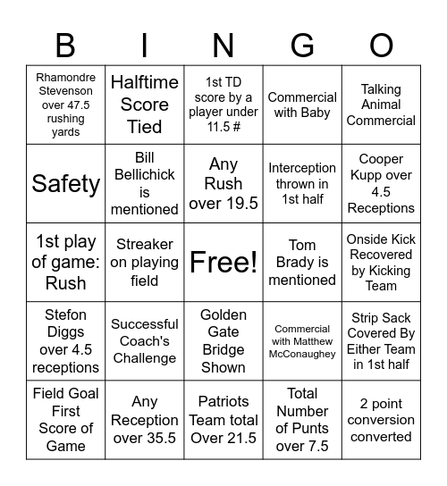 Super Bowl LX Bingo Card