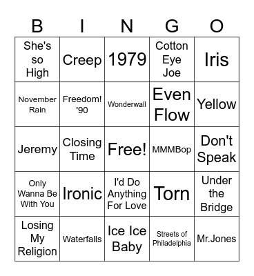 90s Music Bingo Card