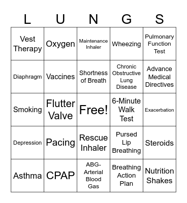 Pulmonary Rehab Bingo Card