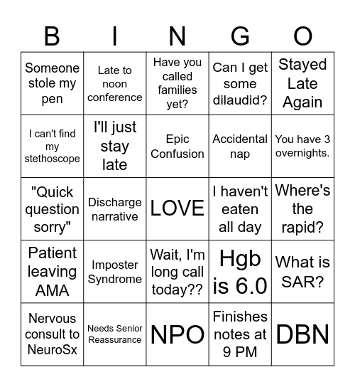 Intern Card Bingo Card