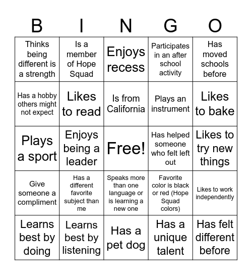 HC Hope Squad Bingo Card