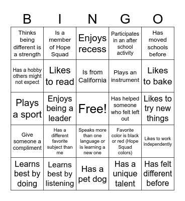 HC Hope Squad Bingo Card