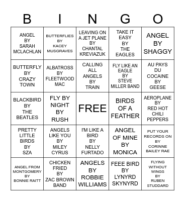 WINGS ON THINGS Bingo Card