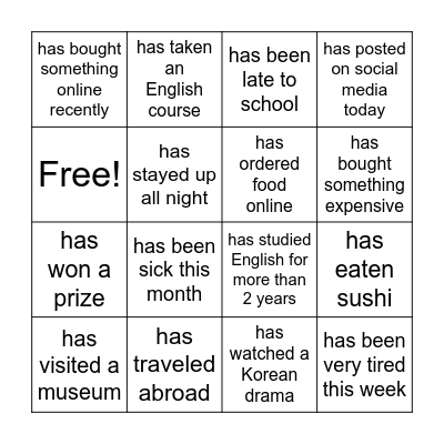 Present Perfect Tense Bingo Card
