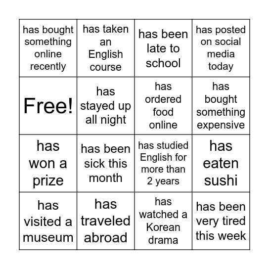 Present Perfect Tense Bingo Card