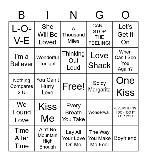 50MB Love Songs Round 1 Bingo Card