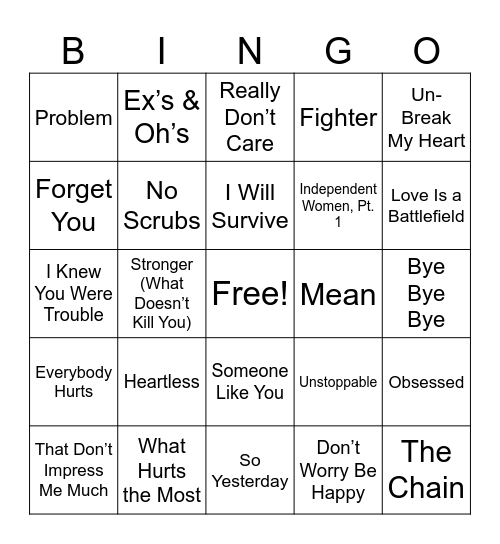 50MB Break-Up Songs Round 4 Bingo Card