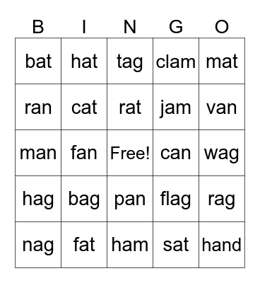 Short a Bingo Card
