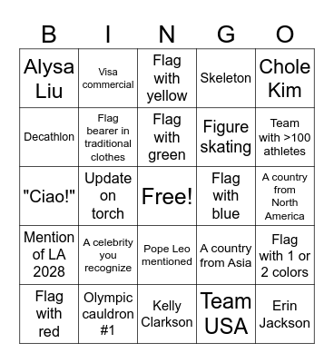 Winter Olympics 2026 Opening Ceremony Bingo Card