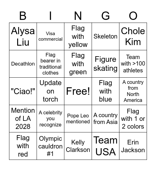 Winter Olympics 2026 Opening Ceremony Bingo Card