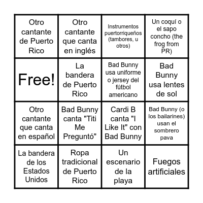 Bad Bunny halftime show bingo! Bingo Card