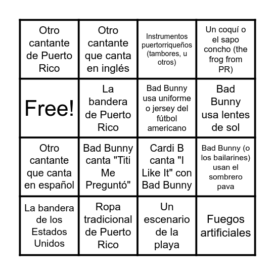 Bad Bunny halftime show bingo! Bingo Card