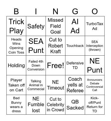 Superbowl Bingo Card