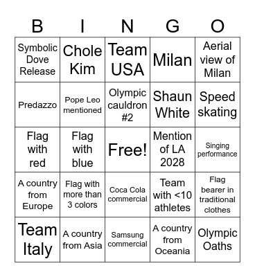 Winter Olympics 2026 Opening Ceremony Bingo Card