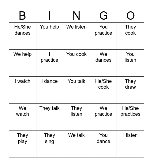 AR VERB CONJUGATIONS Bingo Card