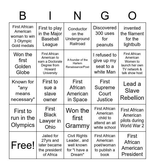 Who Am I? Black History Month Bingo Card