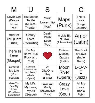 Music Genre Long Song Bingo Card