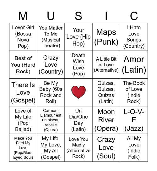 Music Genre Long Song Bingo Card