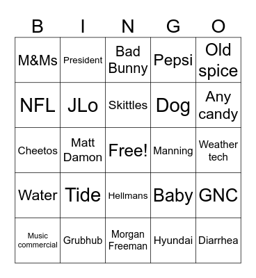Super Bowl Commercial Bingo Card