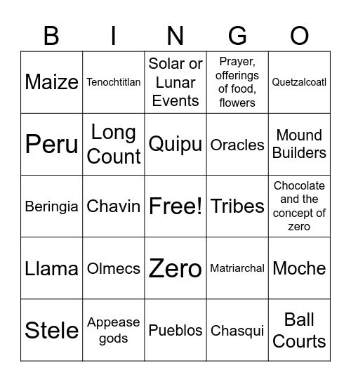 Mesoamerican Cultures Bingo Card