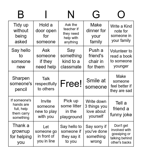 Kindness Bingo Card