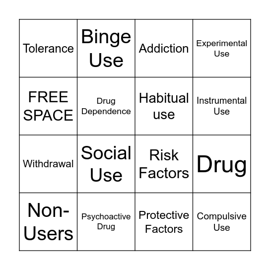 ADDICTION Bingo Card