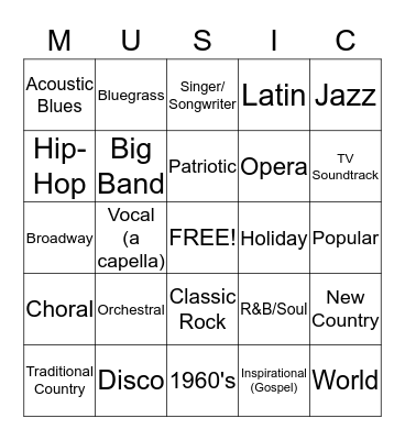 Identify the styles of music to make your Bingo! Bingo Card