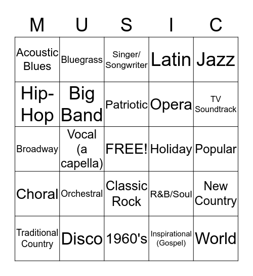 Identify the styles of music to make your Bingo! Bingo Card