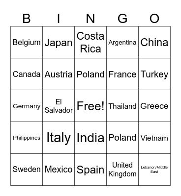 International Foods Bingo Card