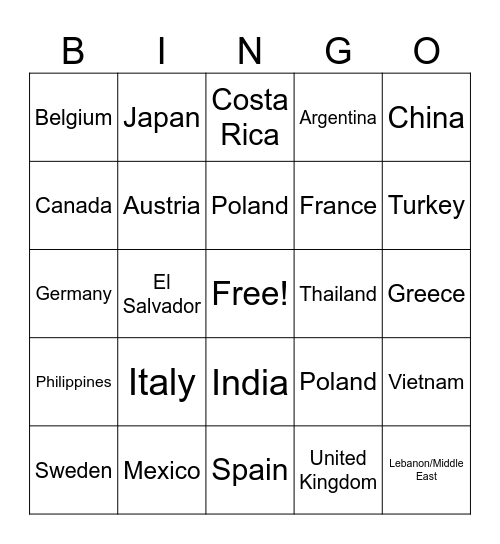 International Foods Bingo Card