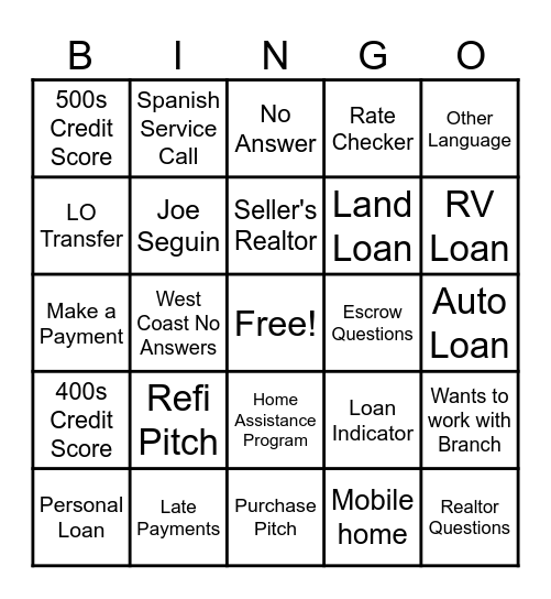 Mortgage Bingo Card