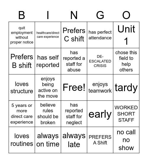 HRC Bingo Card