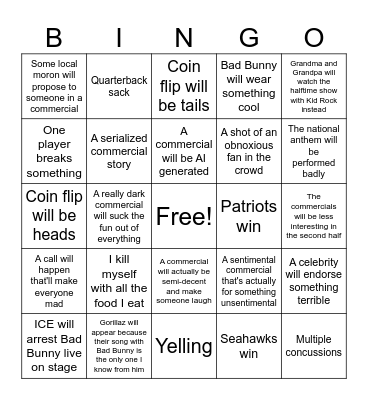 Super Bowl Stuff Bingo Card